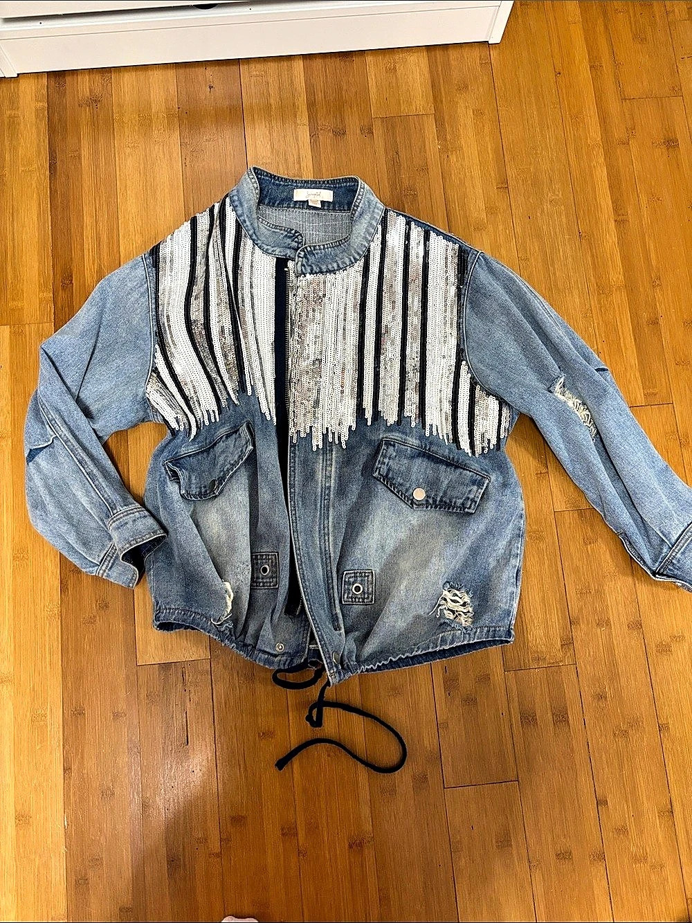 Scripted Sequin Striped Denim Jacket Size Medium